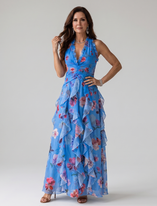 Blue halter-neck ruched bodice floral maxi dress with tiered ruffle skirt