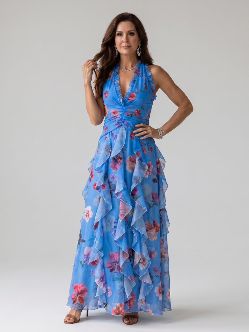 Blue halter-neck ruched bodice floral maxi dress with tiered ruffle skirt