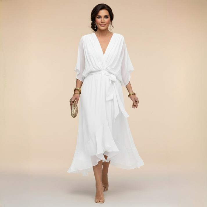 White V-neck wrap dress with tied waist and airy chiffon midi skirt
