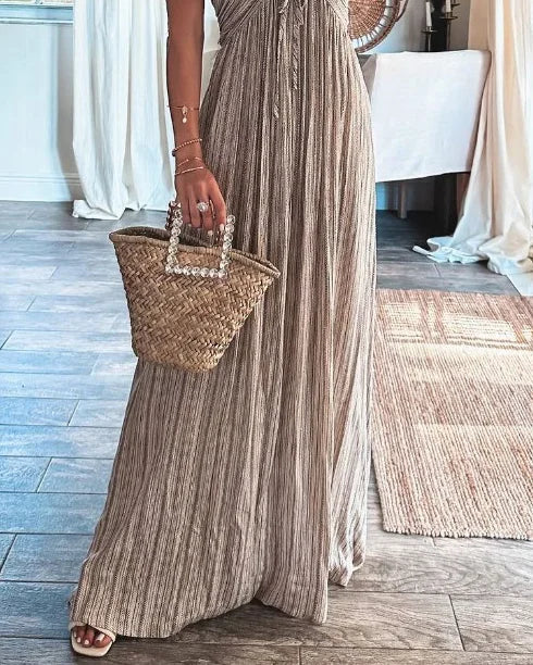 Beige sleeveless long dress with gathered pleats and vertical stripe texture