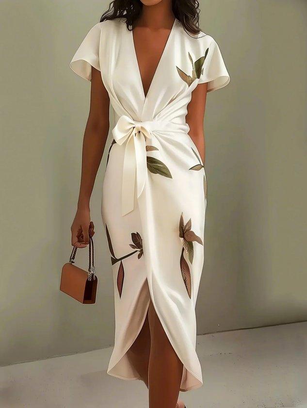 White wrap dress with V-neck, short sleeves, bow-tie waist, floral bird print