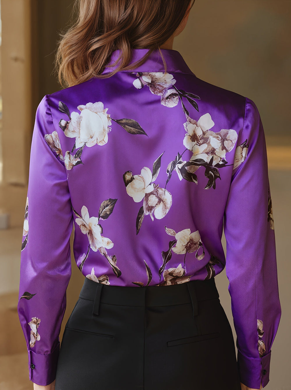 Purple satin blouse with back floral print and button collar