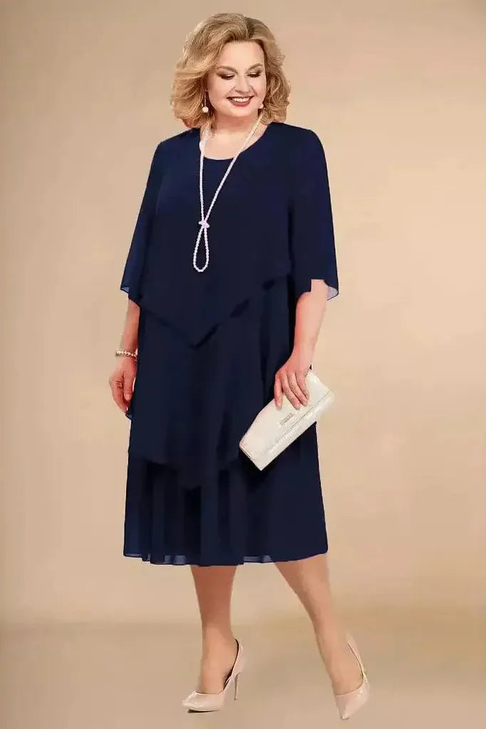 Tummy-covering dress in navy blue, layered asymmetrical hem, elbow-sleeve, loose fit