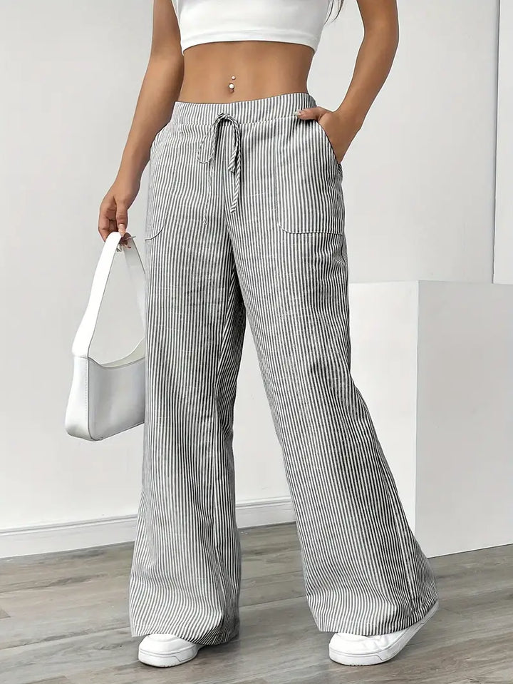 Relaxed pinstripe wide-leg pants, drawstring elastic waist, gray/white stripes