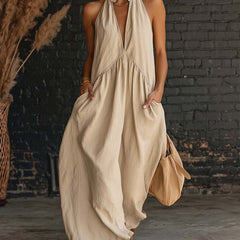 Sofie™ maxi dress in khaki: halter V-neck, gathered waist, flowing oversized skirt