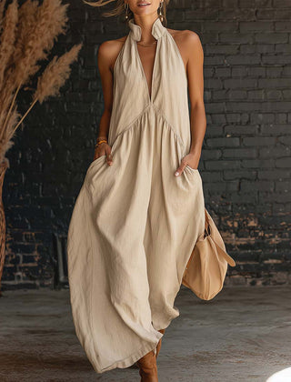 Sofie™ maxi dress in khaki: halter V-neck, gathered waist, flowing oversized skirt