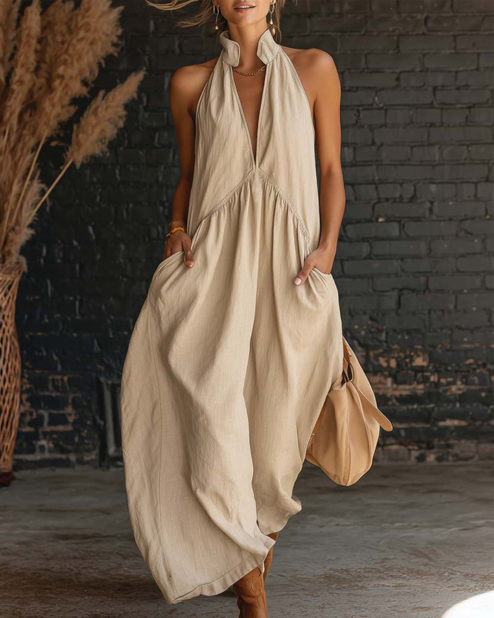 Sofie™ maxi dress in khaki: halter V-neck, gathered waist, flowing oversized skirt