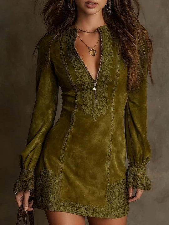 Green suede mini dress with front zipper, long puff sleeves, embroidered lace trim