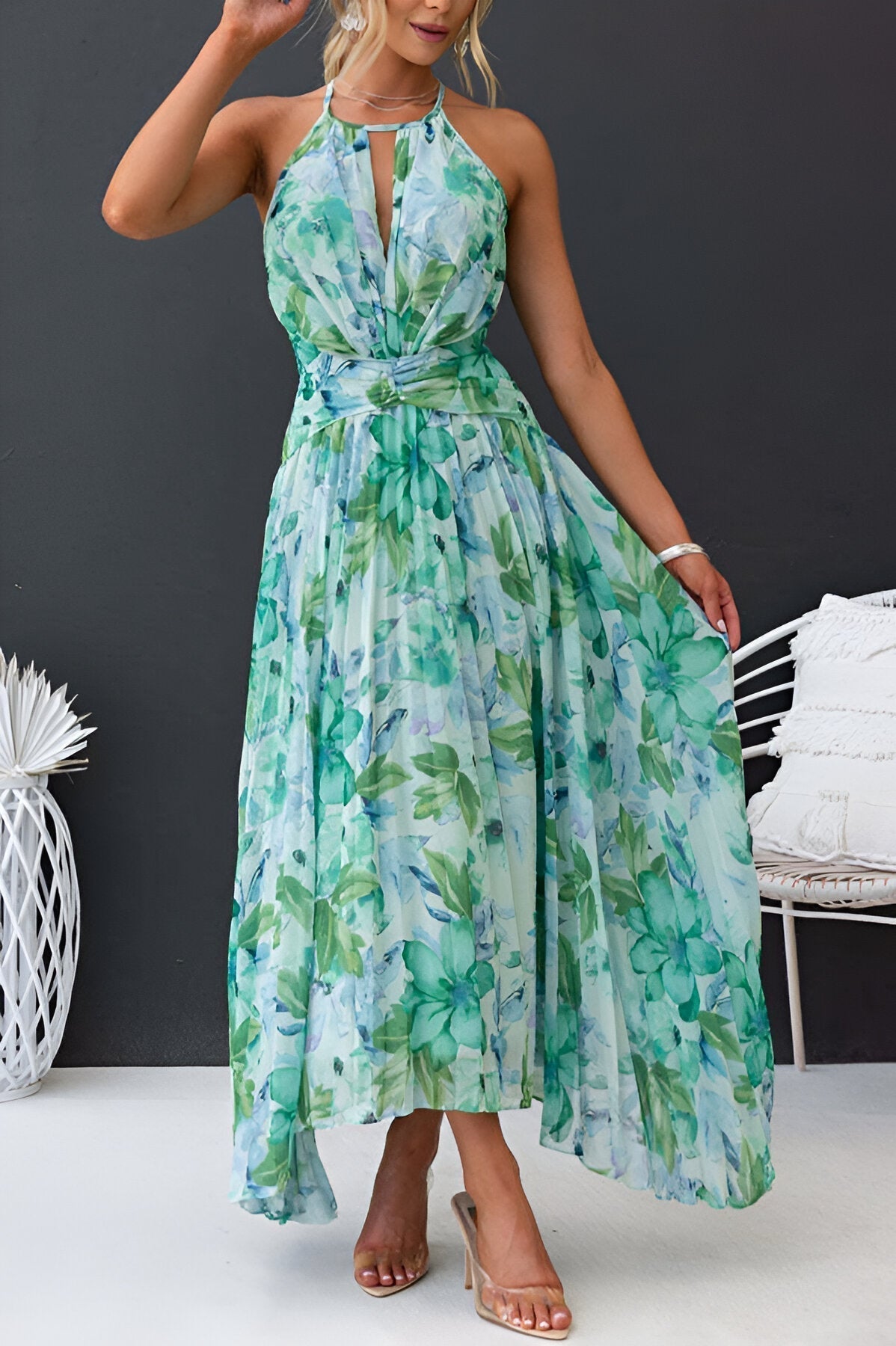 Floral halter midi dress in aqua and teal floral print with flowing tiered skirt