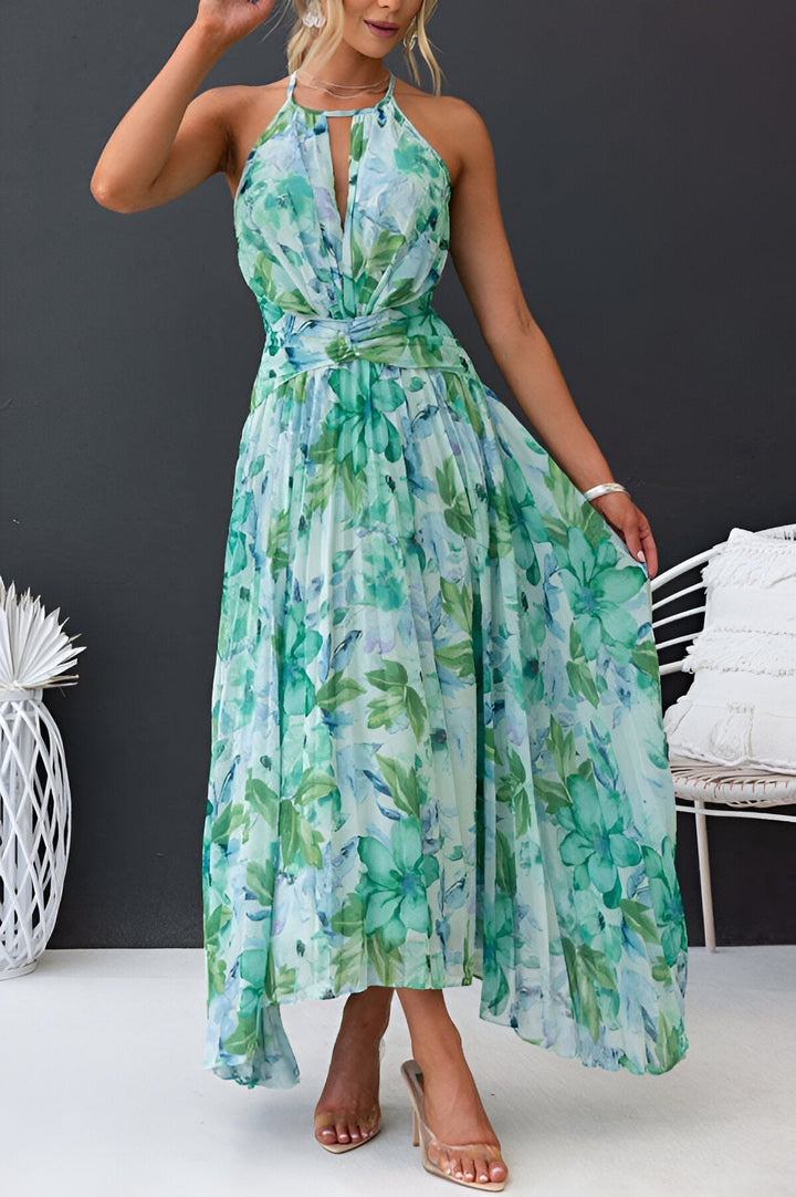 Floral halter midi dress in aqua and teal floral print with flowing tiered skirt
