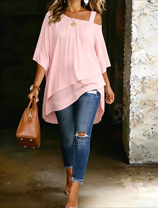 Pink asymmetric cold-shoulder blouse with draped layered hem and short sleeves