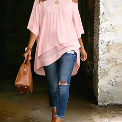 Pink asymmetric blouse with wide square neckline and draped hi-lo hem