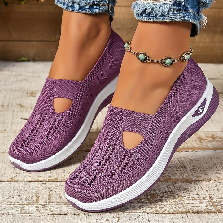 Odelia™ non-slip orthopedic shoes in purple knit, slip-on style with side cutouts