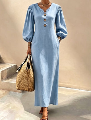 Blue v-neck maxi dress with button front and lantern sleeves
