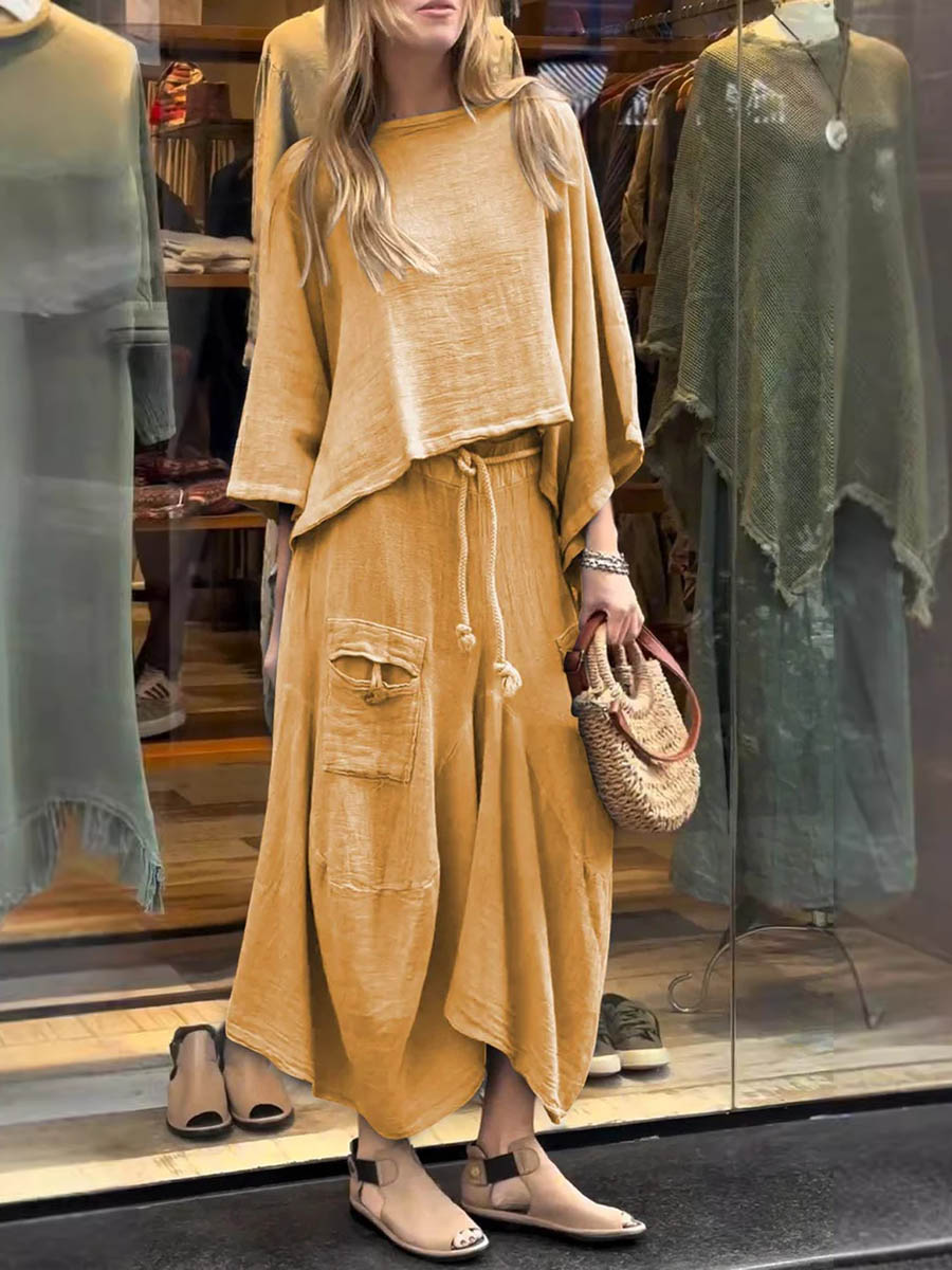 Sabrina set in beige: long-sleeve tunic with wide neckline and maxi skirt with pockets