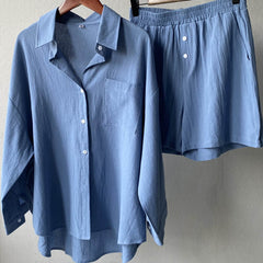 Blue button-front shirt and elastic-waist shorts set