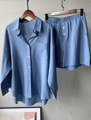 Blue button-front shirt and elastic-waist shorts set
