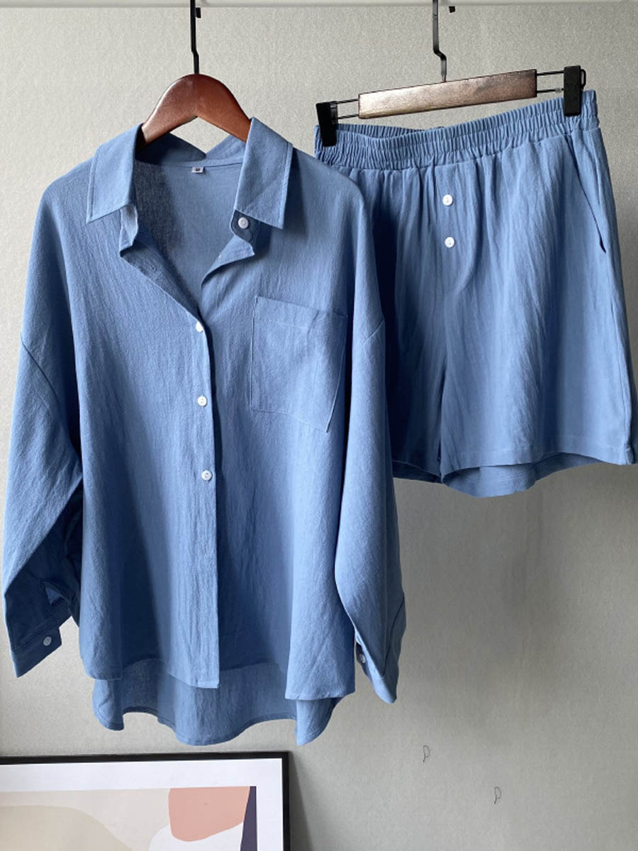 Blue button-front shirt and elastic-waist shorts set