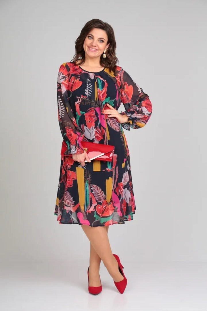 Florinda™ floral dress, dark navy multicolor floral print; round neck, flared A-line hem