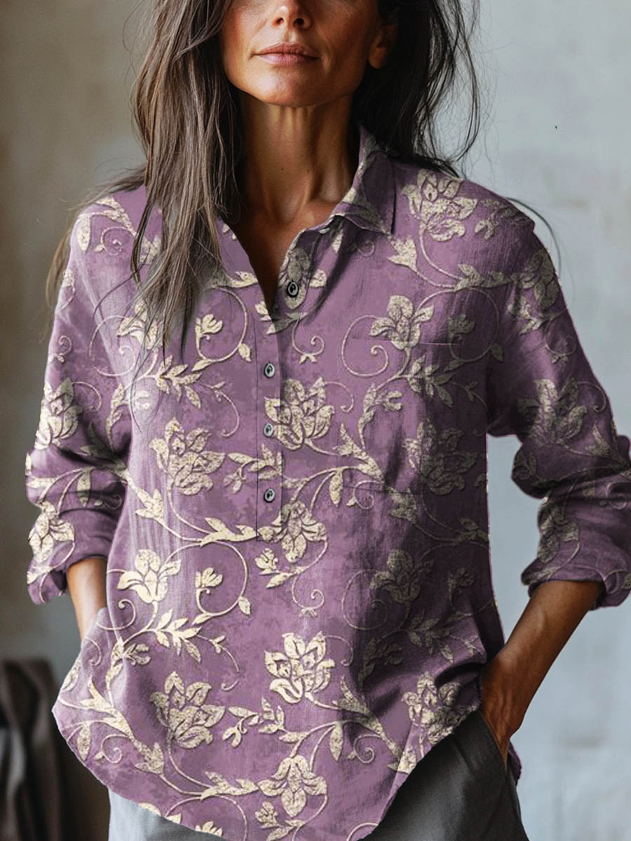 Purple floral embroidered linen shirt with button front and long sleeves