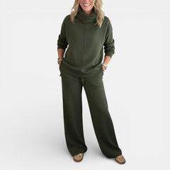 Olive green two-piece lounge set with hooded pullover and wide-leg pants