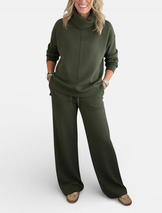 Olive green two-piece lounge set with hooded pullover and wide-leg pants