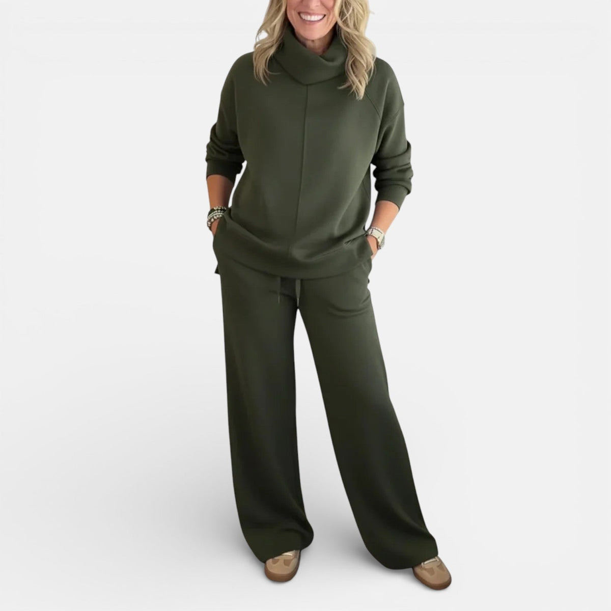 Olive green two-piece lounge set with hooded pullover and wide-leg pants