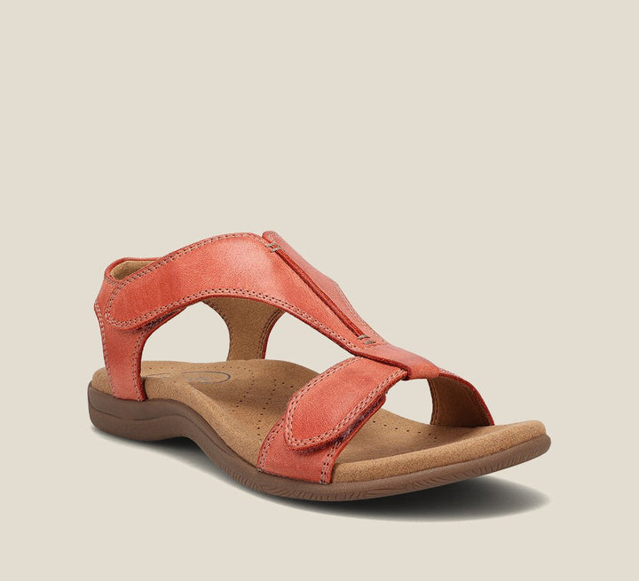 Orange orthopedic vegan leather sandal with open toe, wide strap, and cushioned sole.