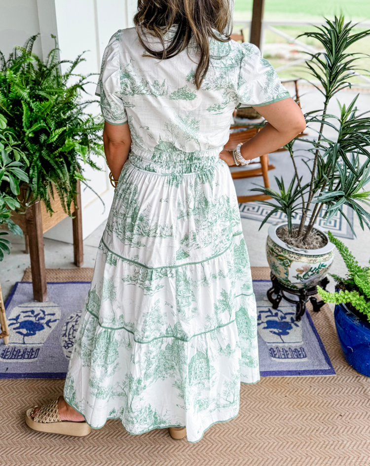 Tiered V-neck maxi dress in white with subtle green toile pattern, short sleeves