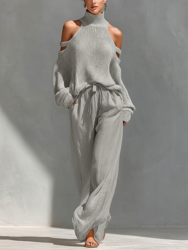 Grey off-shoulder knit top and loose tie-waist pants set