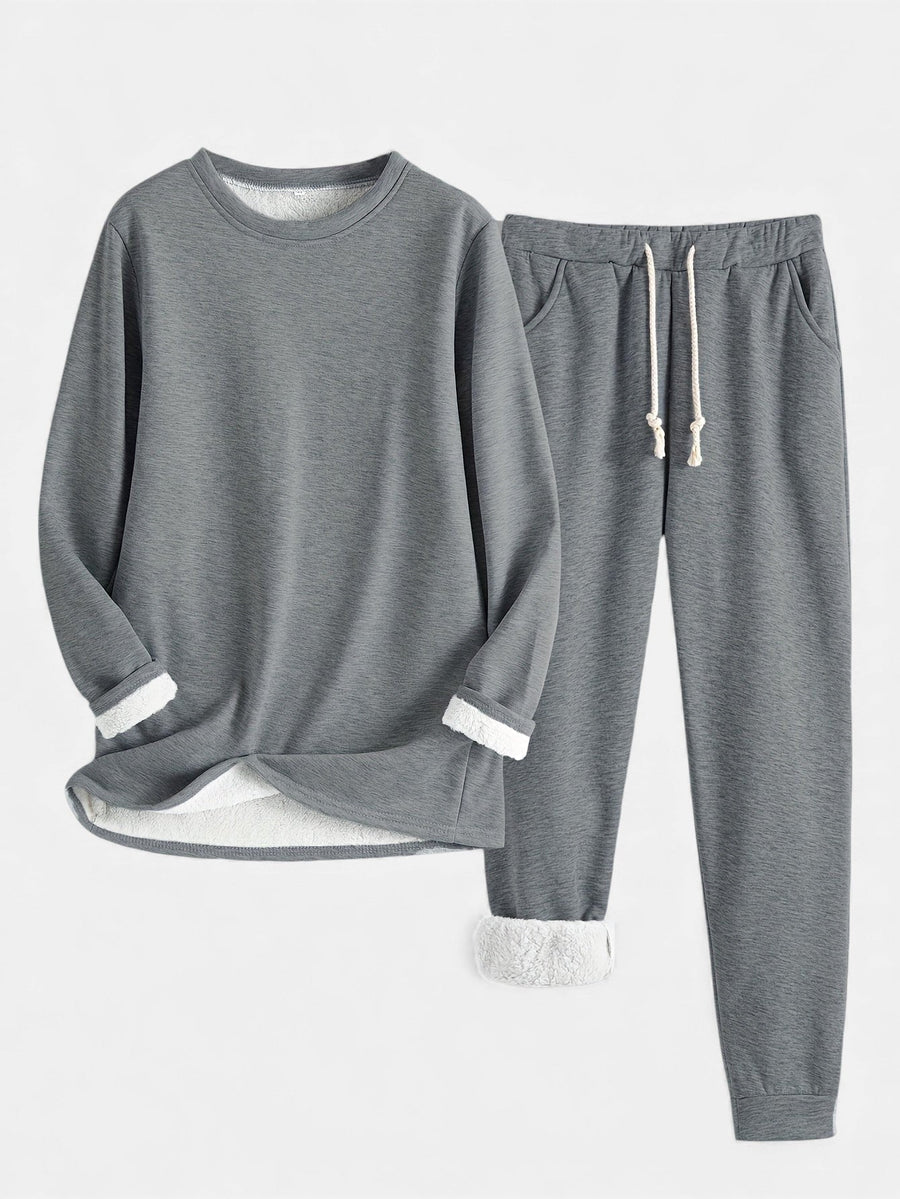 Light gray long-sleeve sweatshirt and drawstring jogger pants set with knit cuffs