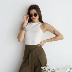 Olive green high-waist wide-leg trousers with front tie and soft drape
