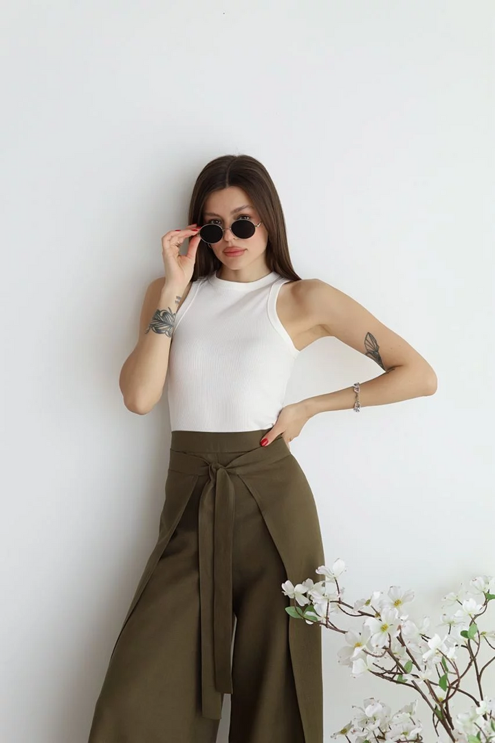 Olive green high-waist wide-leg trousers with front tie and soft drape