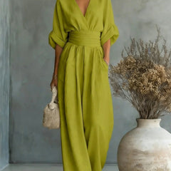 Women’s wide-leg jumpsuit in olive green, V-neck, elastic waist, dolman sleeves