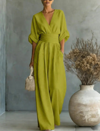 Women’s wide-leg jumpsuit in olive green, V-neck, elastic waist, dolman sleeves