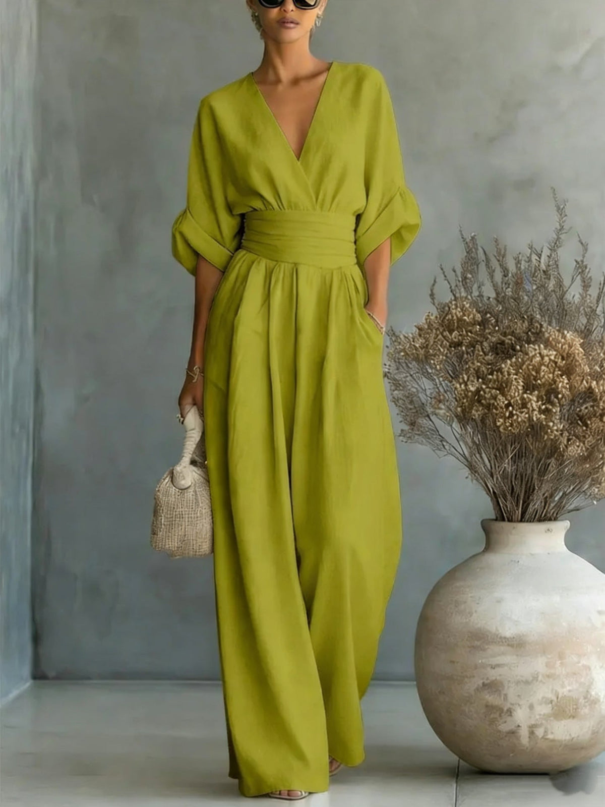 Women’s wide-leg jumpsuit in olive green, V-neck, elastic waist, dolman sleeves