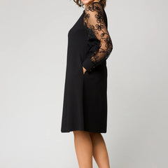 Black lace long-sleeve midi dress with flared skirt and closed neckline