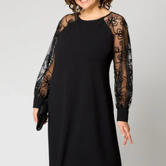 Black midi dress with lace long sleeves and round neckline