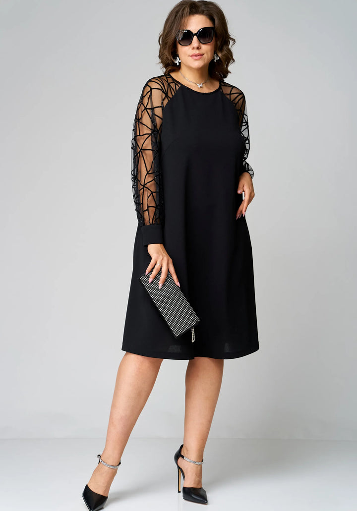 Black tunic dress with geometric mesh sleeves and straight knee-length silhouette