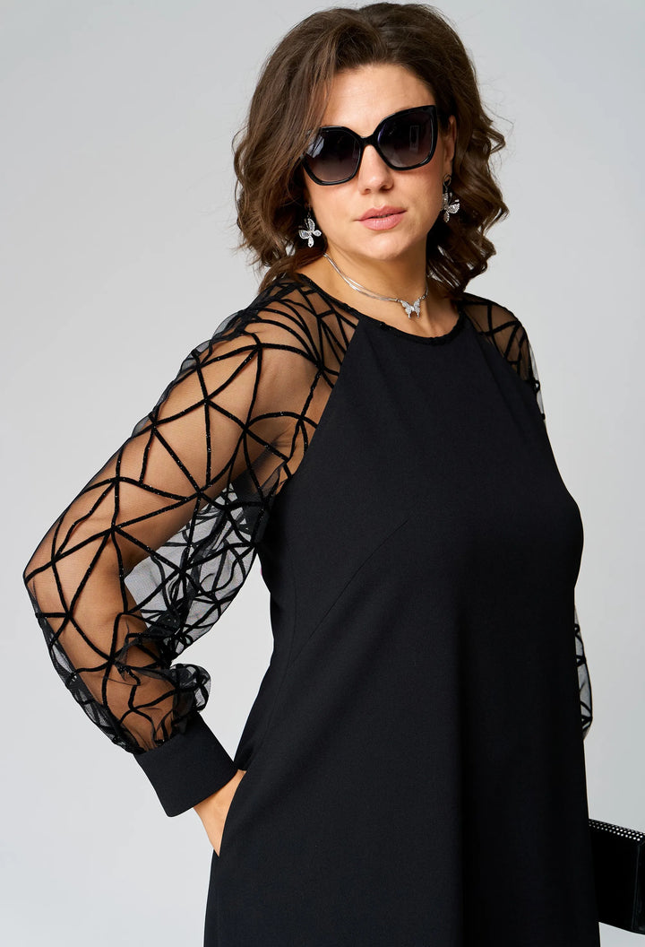 Black tunic dress with geometric mesh sleeve overlay and rounded crew neckline