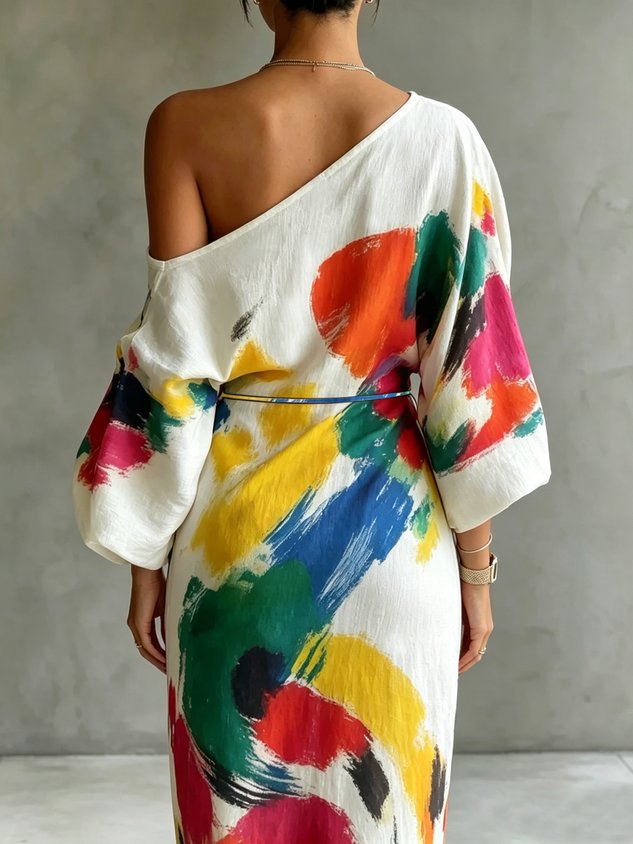 Danella™ one-shoulder maxi dress in white with multicolor abstract paint print, open back