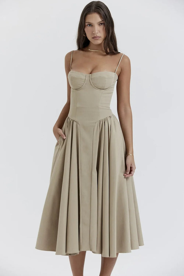 Beige corset sundress with sweetheart bodice and a pleated flared midi skirt