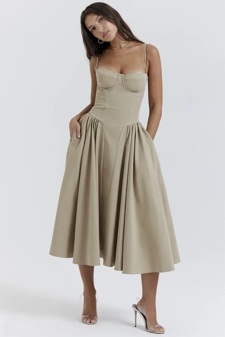 Beige corset sundress with sweetheart neckline and gathered midi skirt