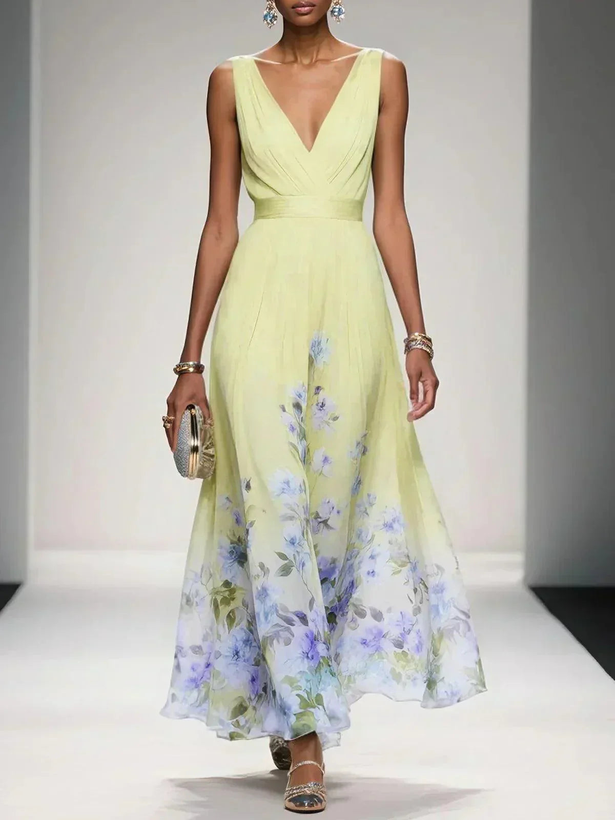 Light green sleeveless V-neck floral dress with gathered waist and flowing midi skirt