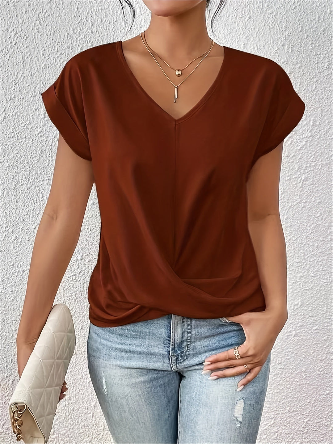 Cleo™ classic V-neck T-shirt in rust brown, short sleeves, knotted front drape