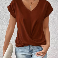 Women's brown V-neck T-shirt with short sleeves and front twist drape.