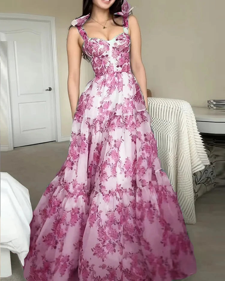 Prema enchanted sleeveless waist dress, pink floral print with tiered ruffles