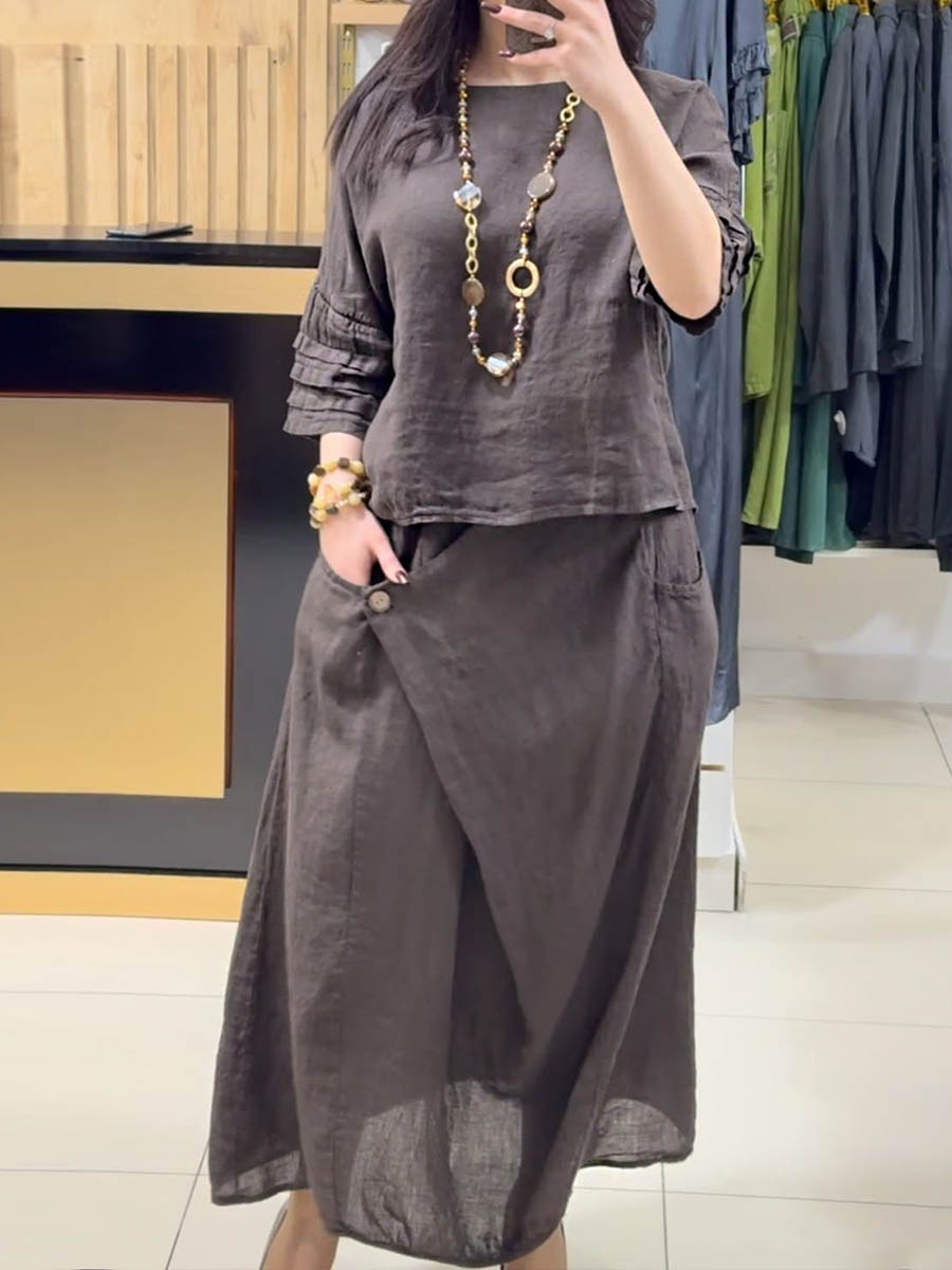 Brown two-piece outfit: long-sleeve tunic and gathered midi skirt with pockets
