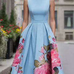 Light blue sleeveless midi dress with fitted bodice, pleated full skirt and pink floral panels
