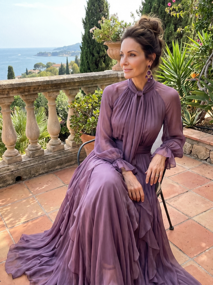 Purple tie-neck tiered maxi dress with ruffled skirt and long sheer sleeves, front